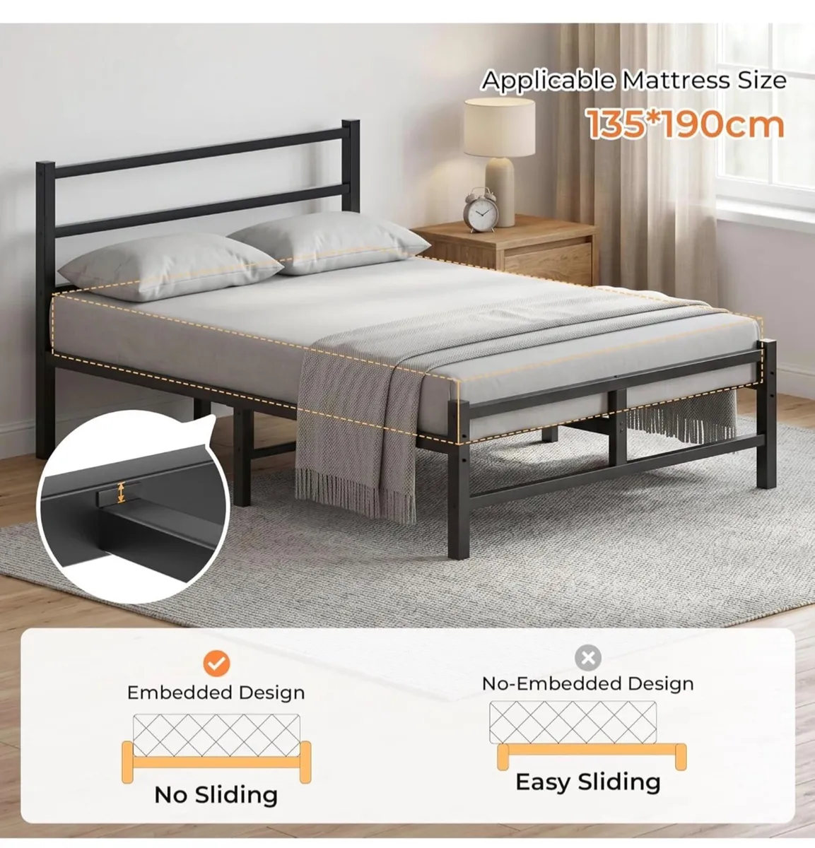 Double Bed Frame, 4ft6 All Metal Slats Support Pla - Image 4
