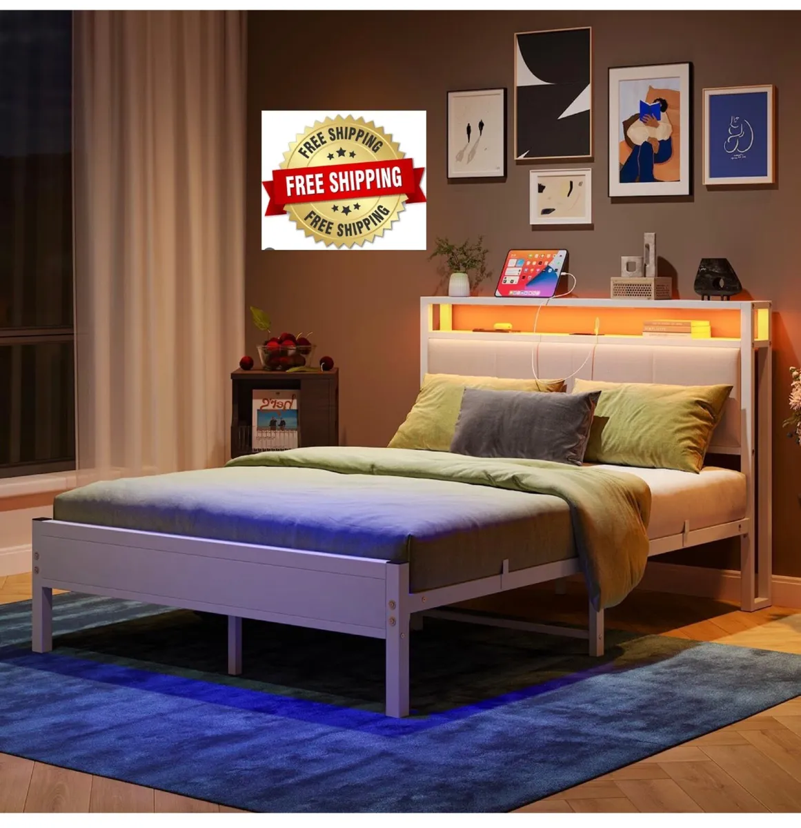 4FT6 Double Bed Frame with LED Lights and Charging - Image 1