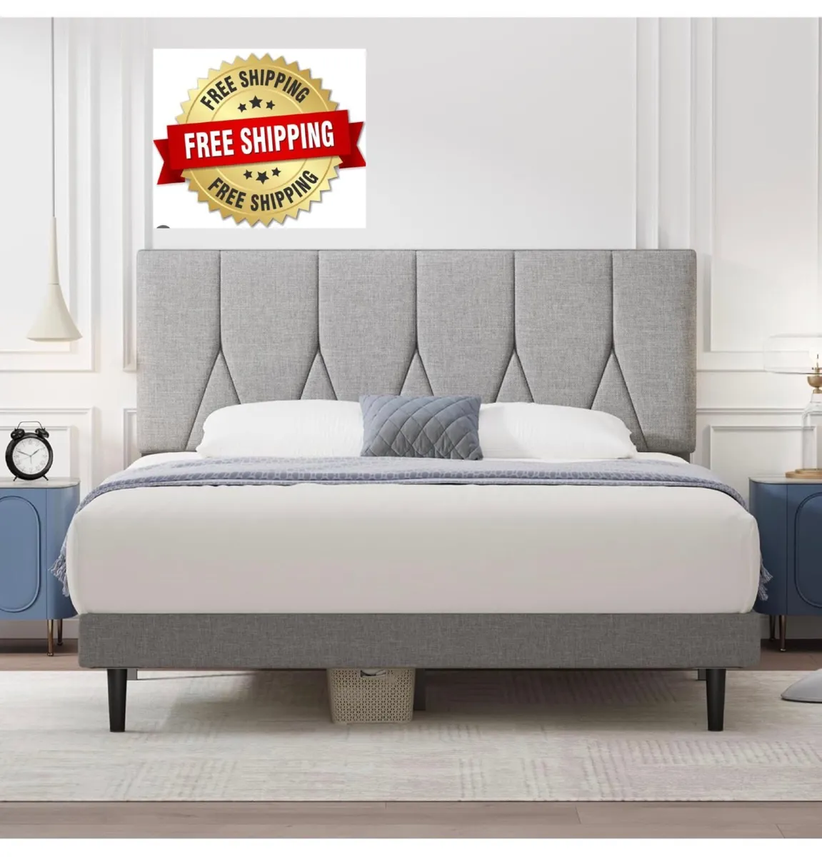 Double Bed Frame, Light Grey, Upholstered Wooden S - Image 1