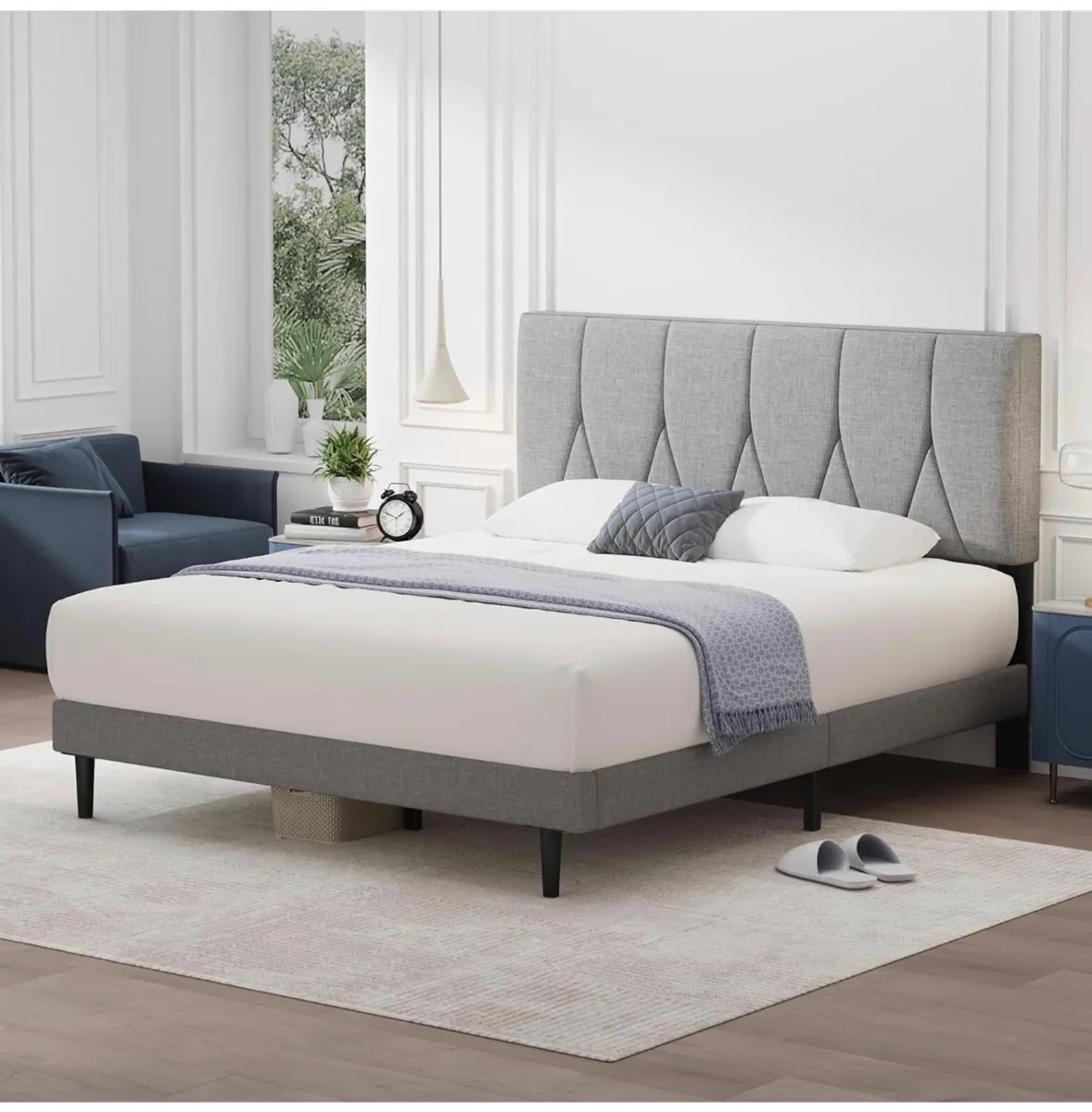 Double Bed Frame, Light Grey, Upholstered Wooden S - Image 1