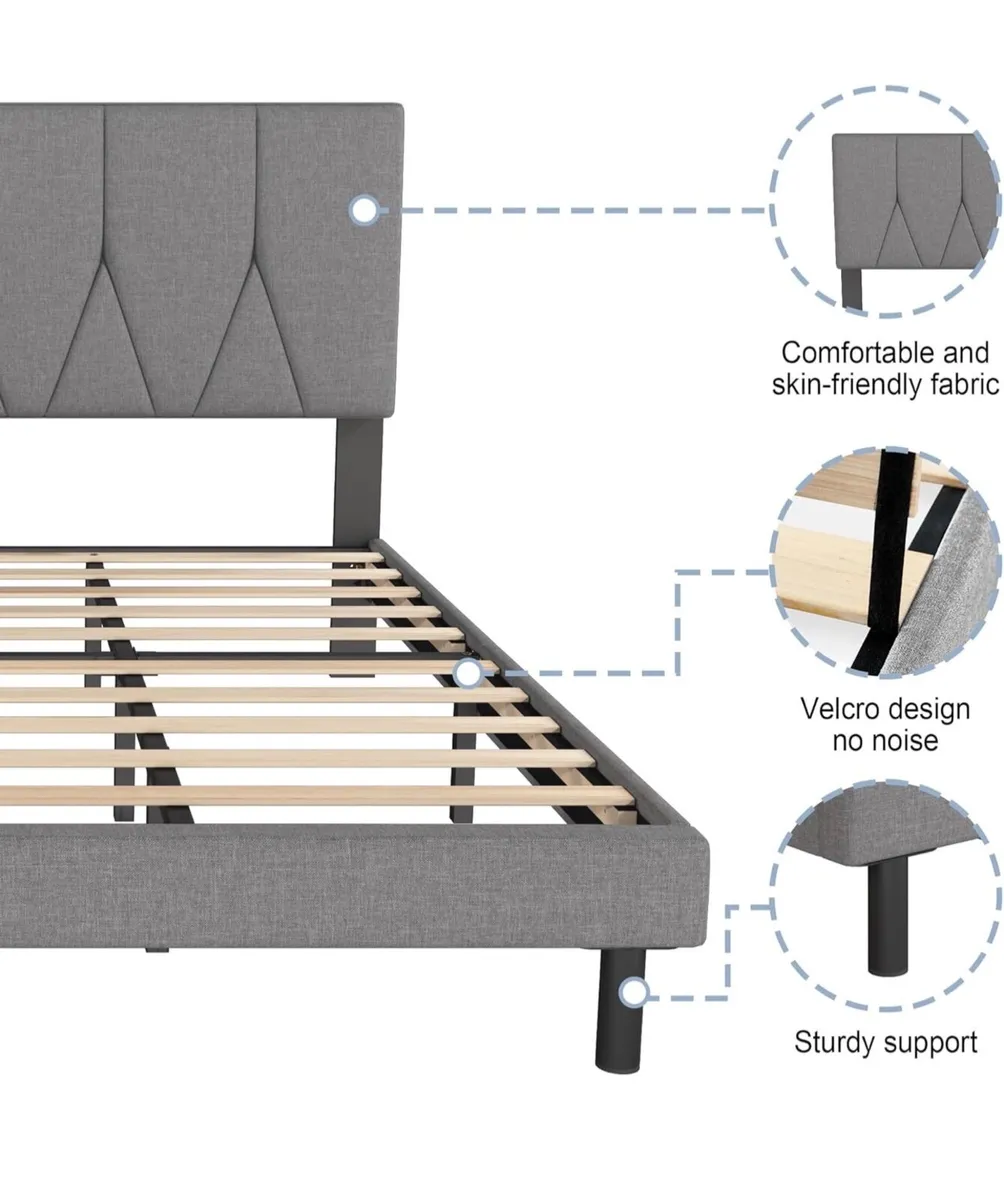 Double Bed Frame, Light Grey, Upholstered Wooden S - Image 4