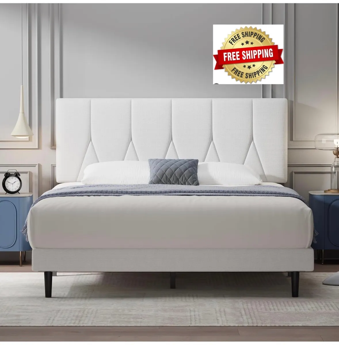 Double Bed Frame, White, Upholstered Wooden Slat B - Image 1