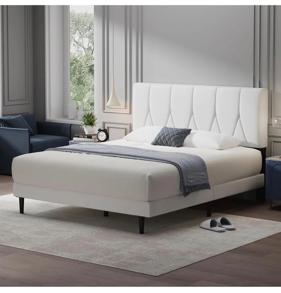 Double Bed Frame, White, Upholstered Wooden Slat B - Image 1