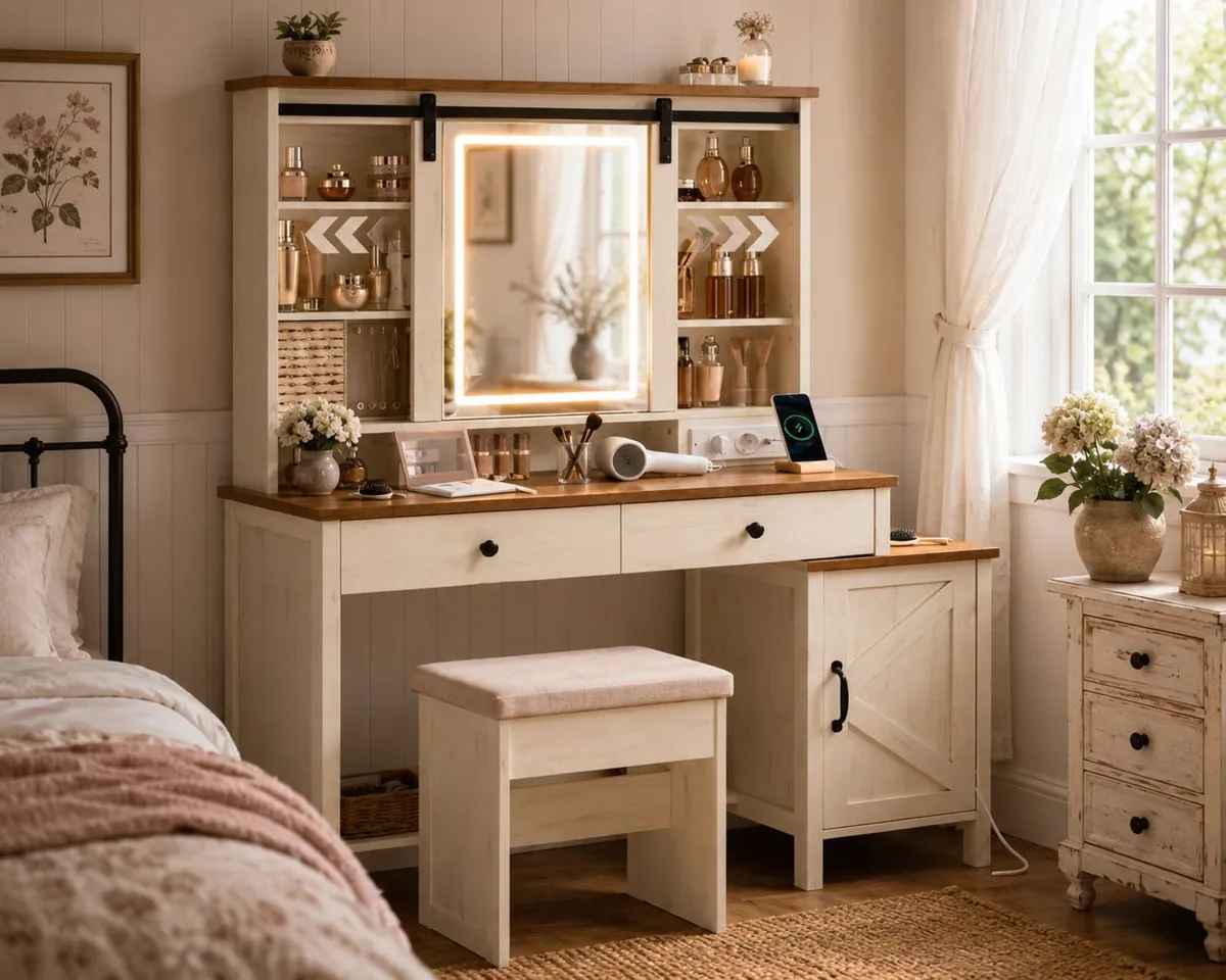 Country Style Dressing Table with Stool Mirror and - Image 1