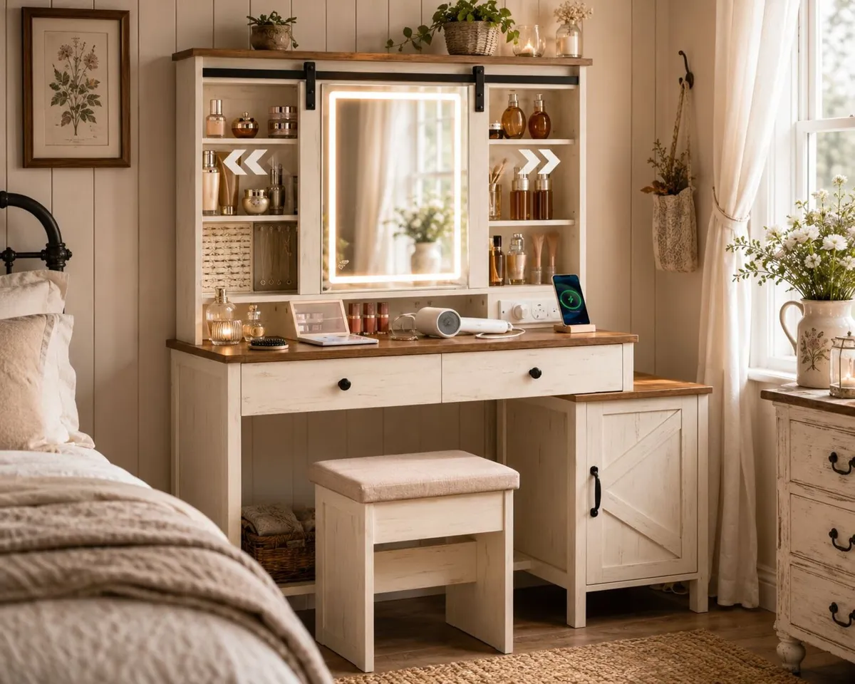 Country Style Dressing Table with Stool Mirror and - Image 3
