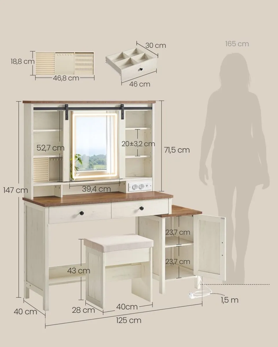 Country Style Dressing Table with Stool Mirror and - Image 4