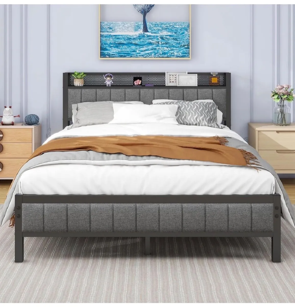 Double Bed Frame with Storage Headboard Shelf, 4ft - Image 3