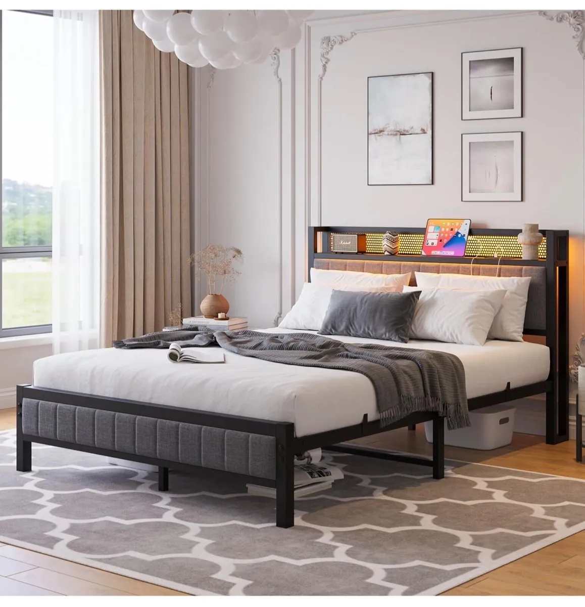 Double Bed Frame with Upholstered Headboard, Woode - Image 1
