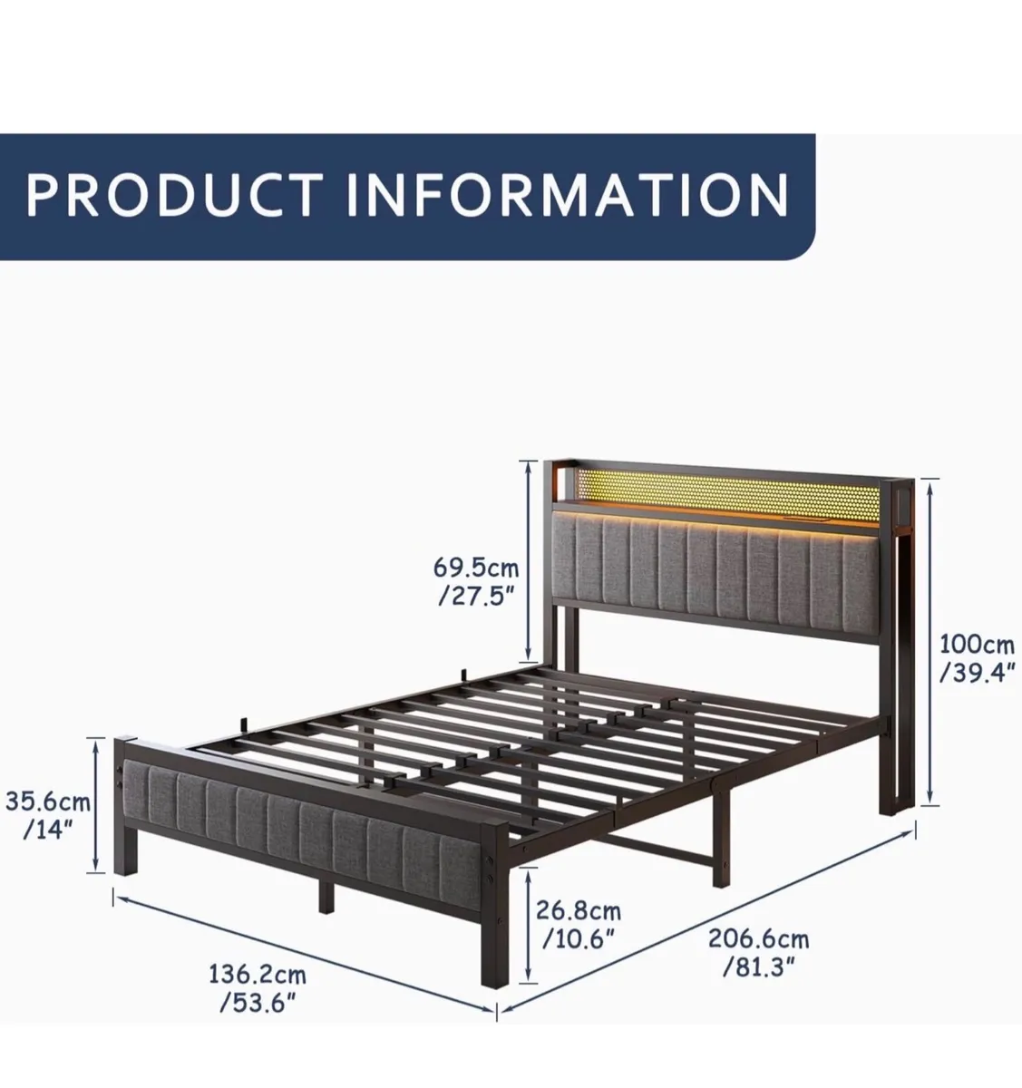 Double Bed Frame with Upholstered Headboard, Woode - Image 2