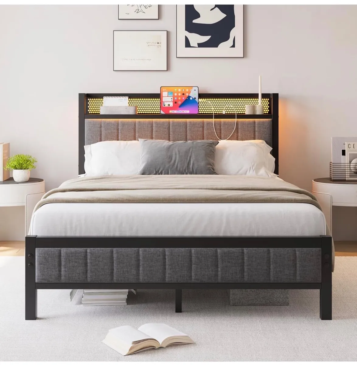 Double Bed Frame with Upholstered Headboard, Woode - Image 3