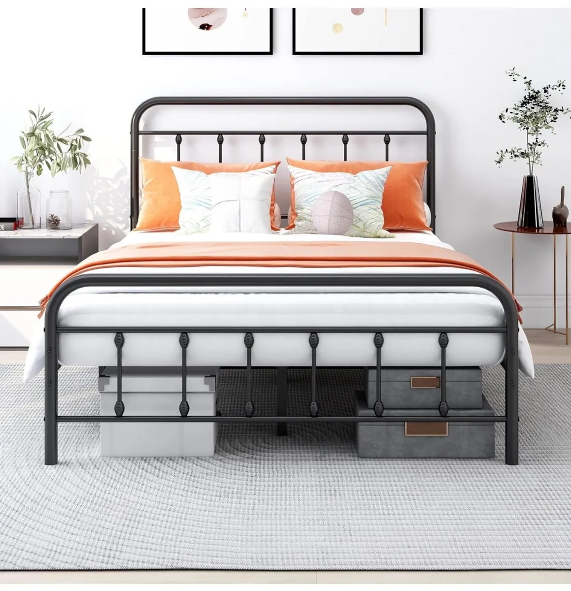 Double Bed Frame with Storage and Headboard, Metal - Image 2