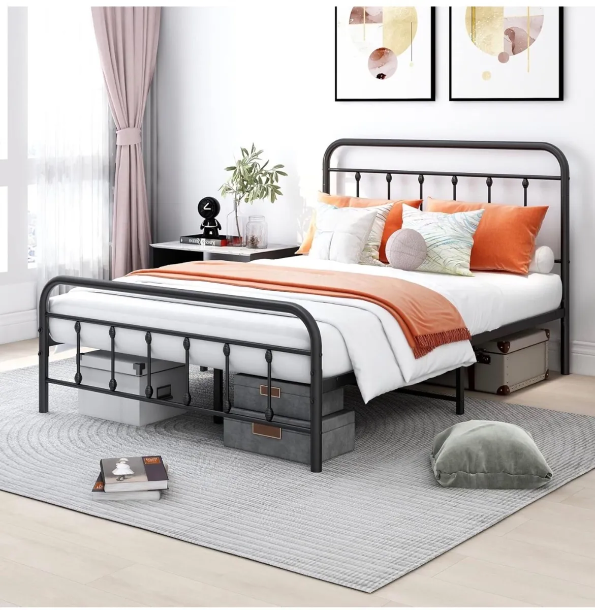 Double Bed Frame with Storage and Headboard, Metal - Image 1