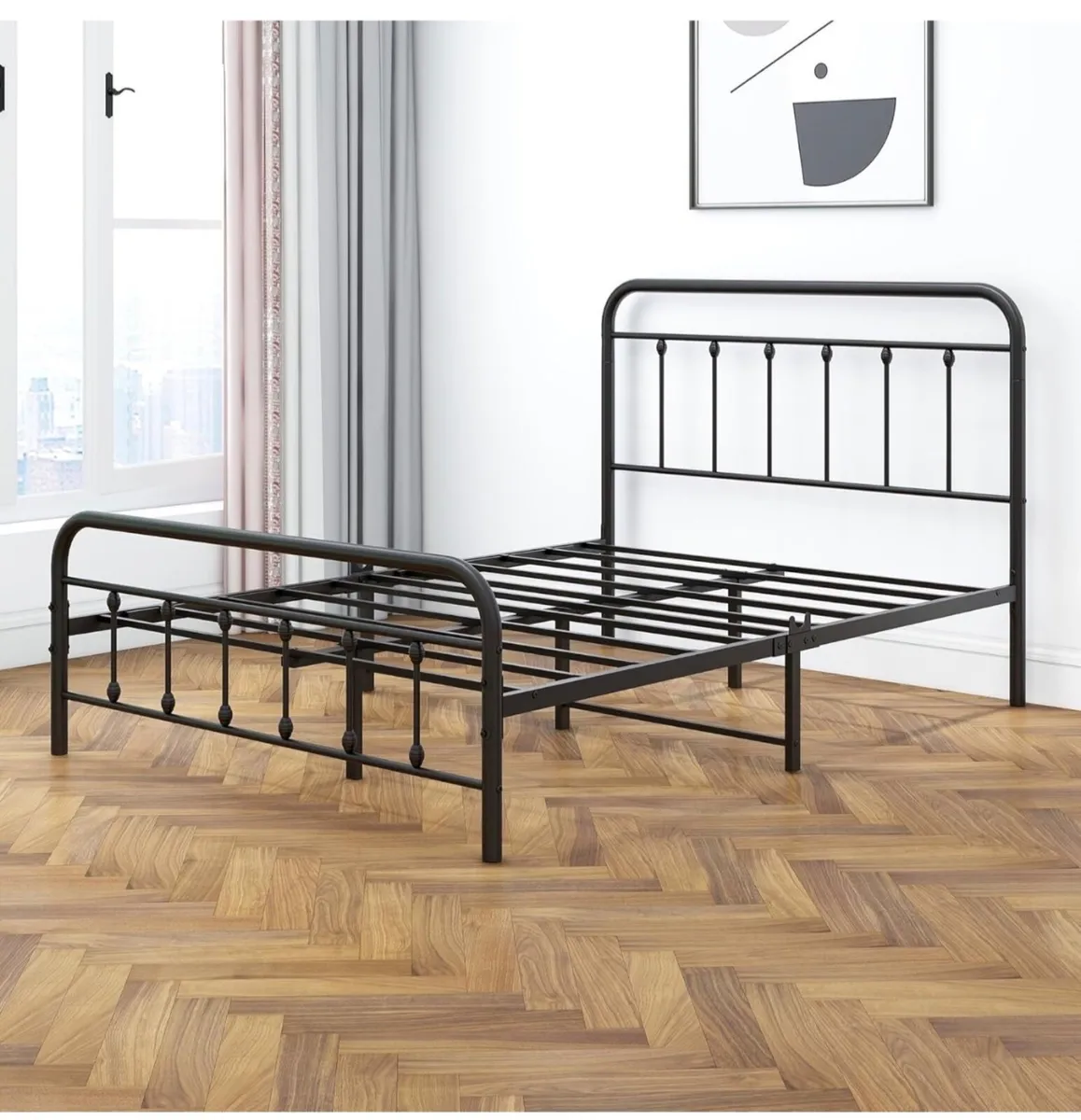 Double Bed Frame with Storage and Headboard, Metal - Image 4