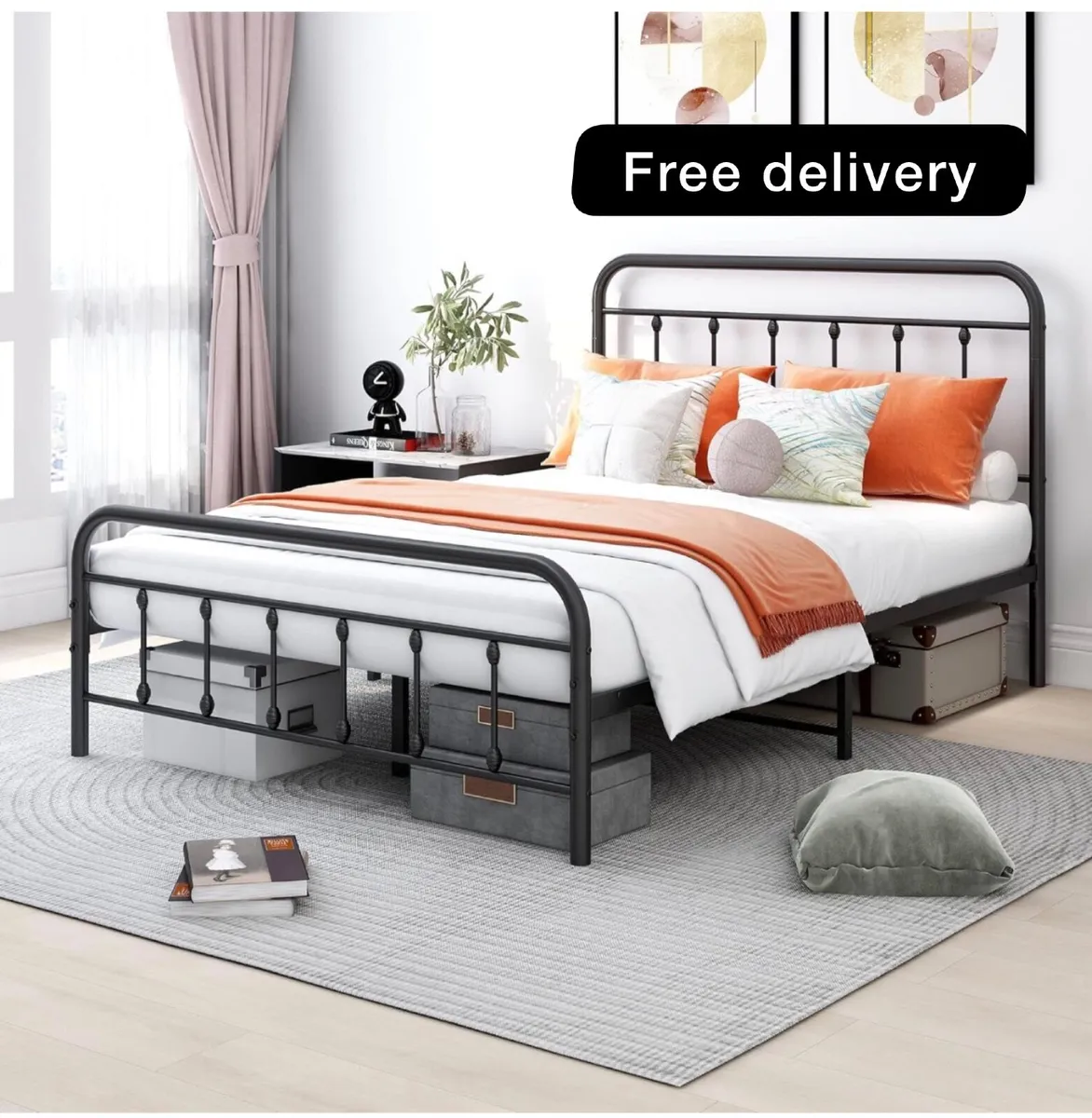 Double Bed Frame with Storage and Headboard, Metal - Image 1