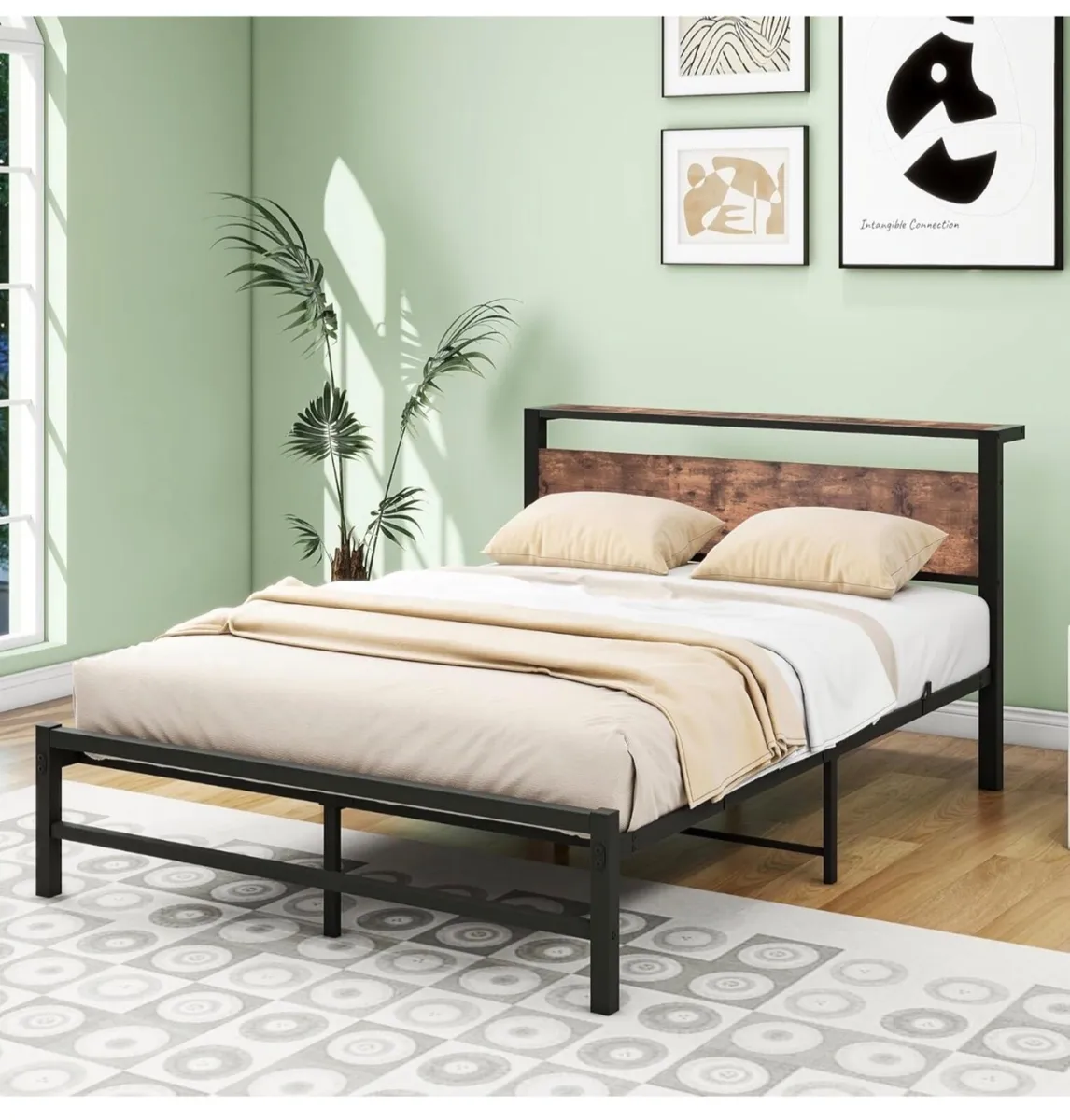 Double Bed Frame with Wood Storage Headboard No Bo - Image 1