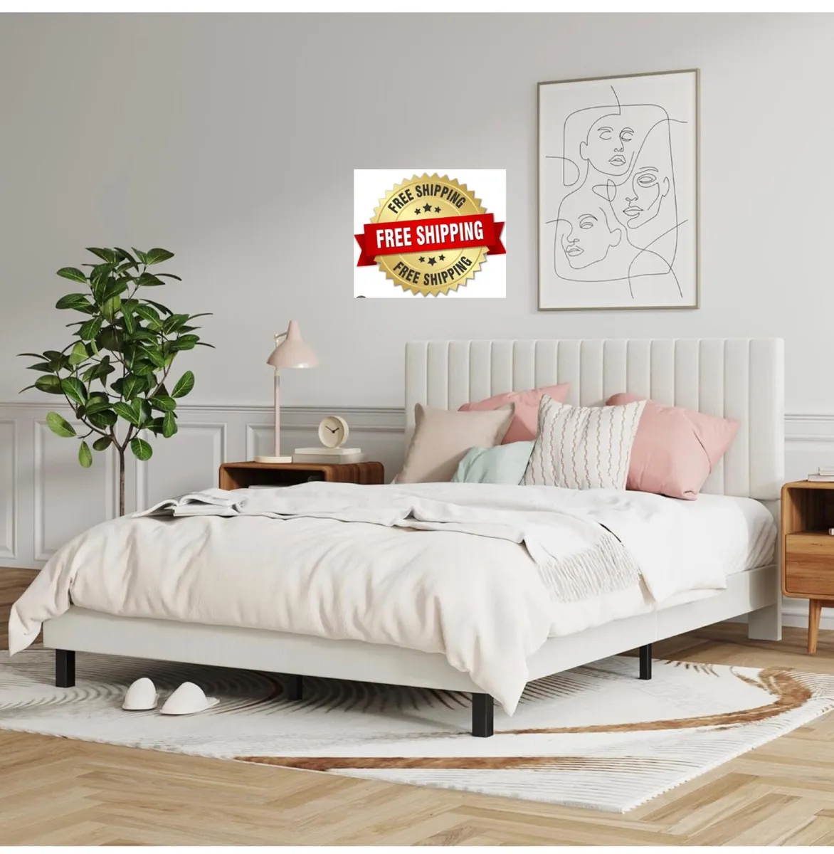 4ft6 Double Bed Frame, Upholstered Platform Bed wi - Image 1