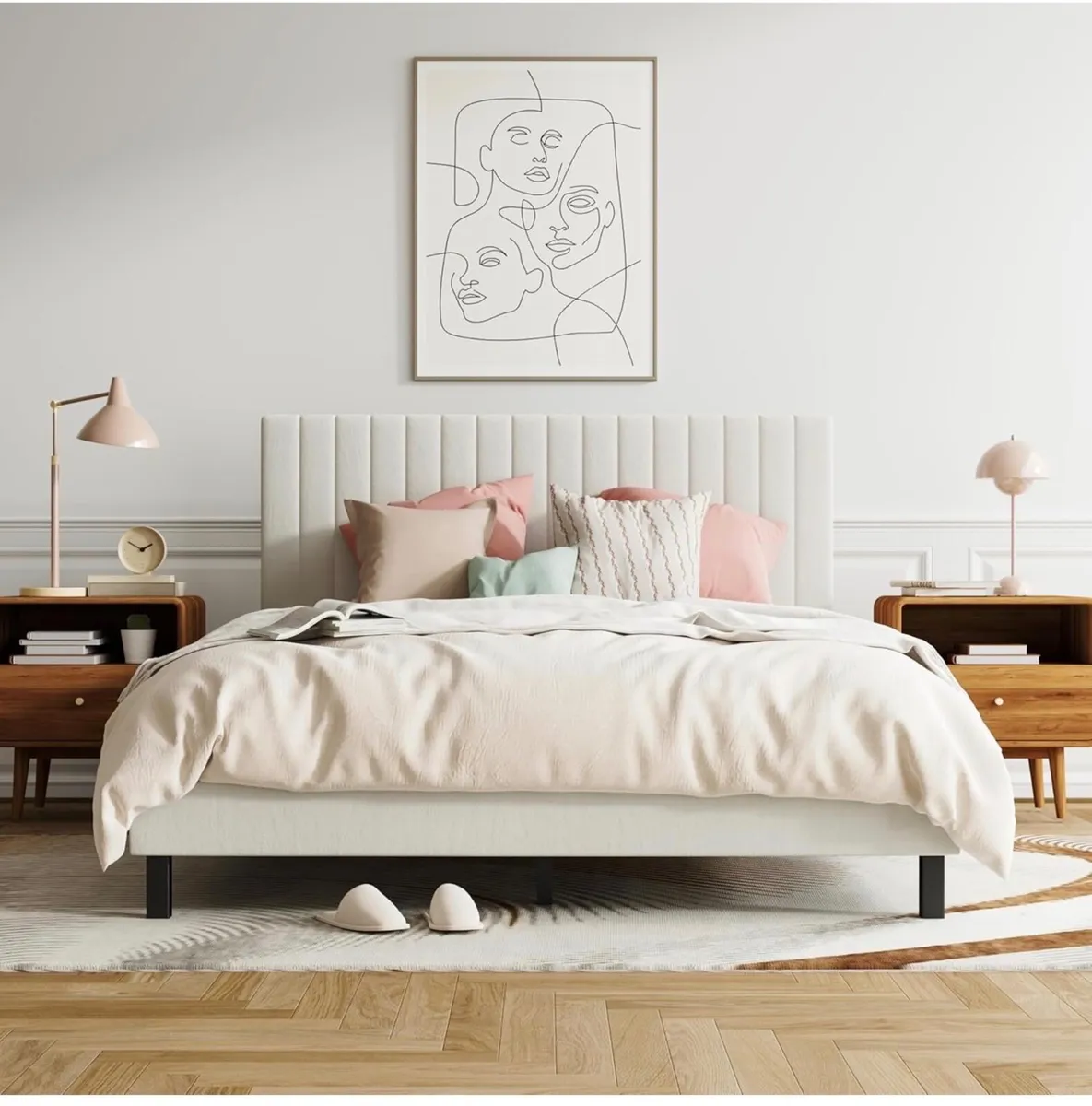 4ft6 Double Bed Frame, Upholstered Platform Bed wi - Image 1