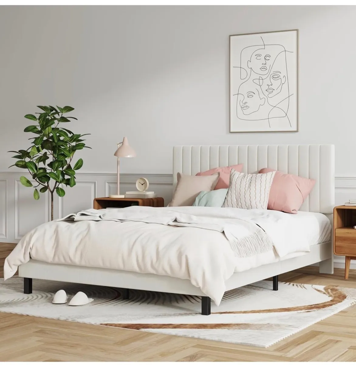 4ft6 Double Bed Frame, Upholstered Platform Bed wi - Image 3