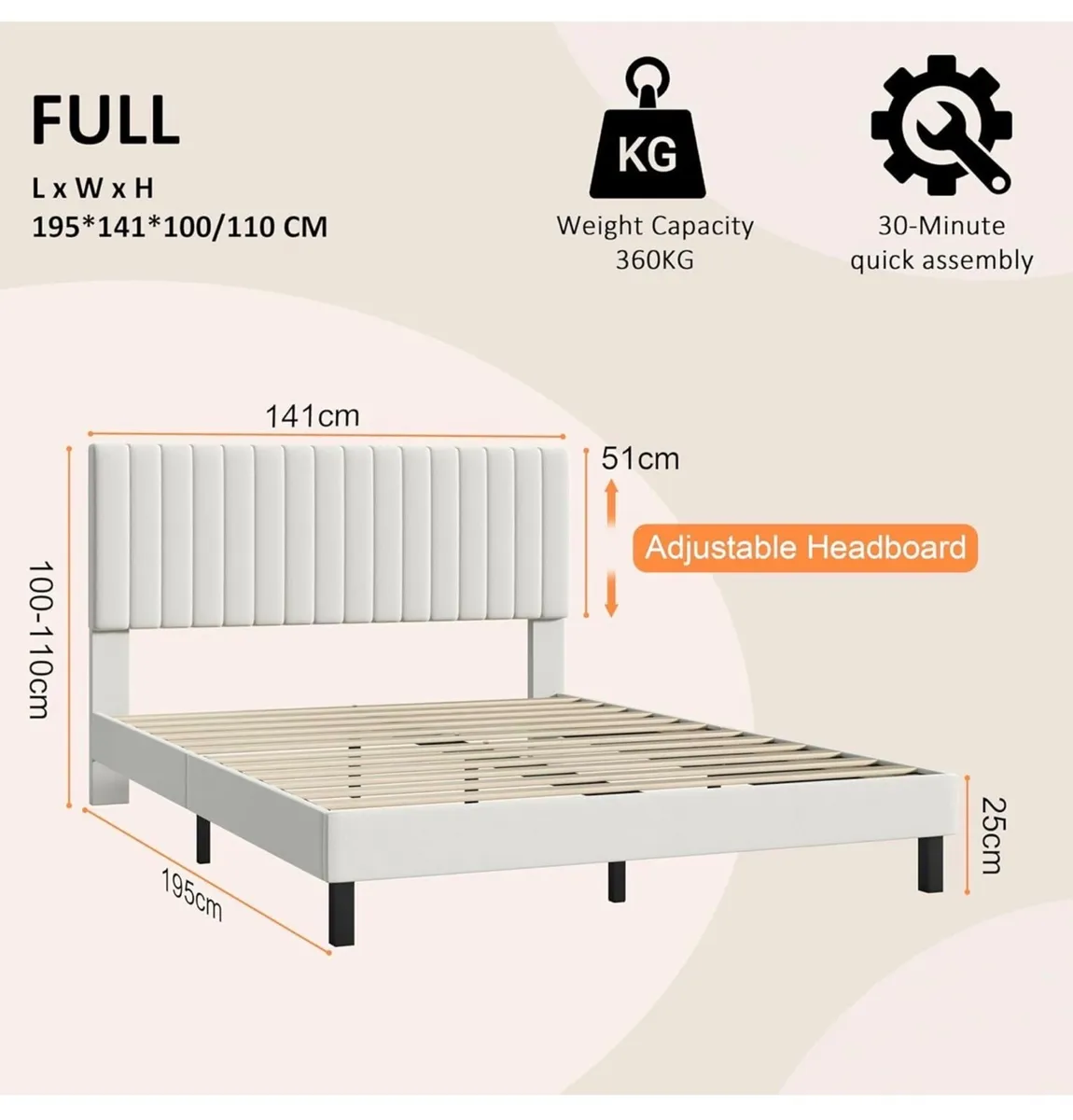 4ft6 Double Bed Frame, Upholstered Platform Bed wi - Image 4