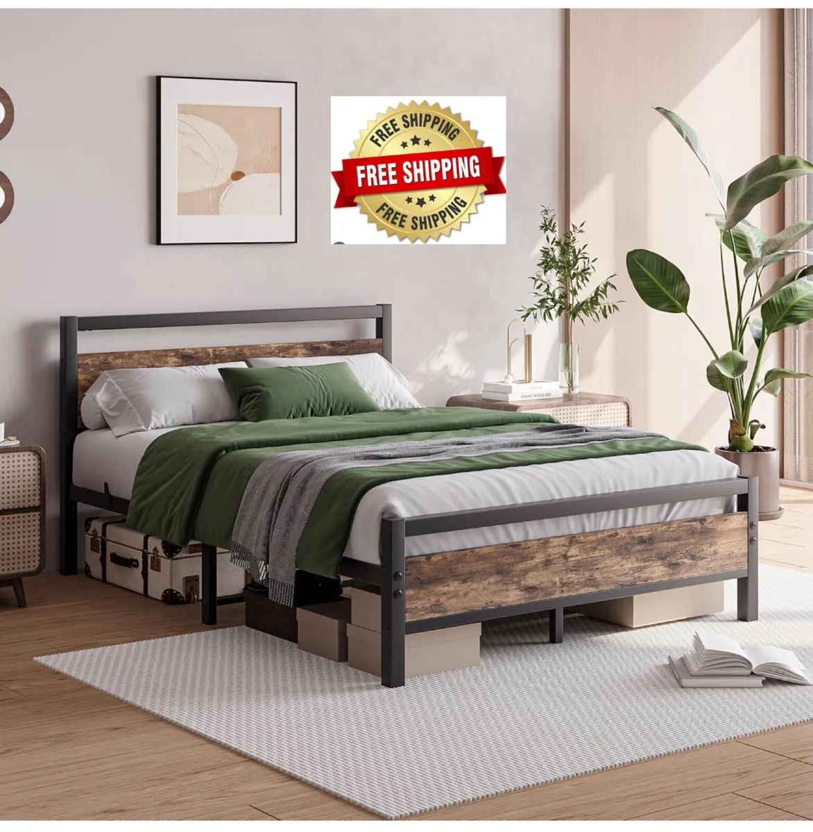 Metal Platform Bed Frame, Double Size, Black | Woo - Image 1