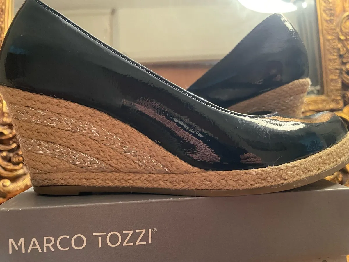 Patent leather navy wedges. As new - Image 1