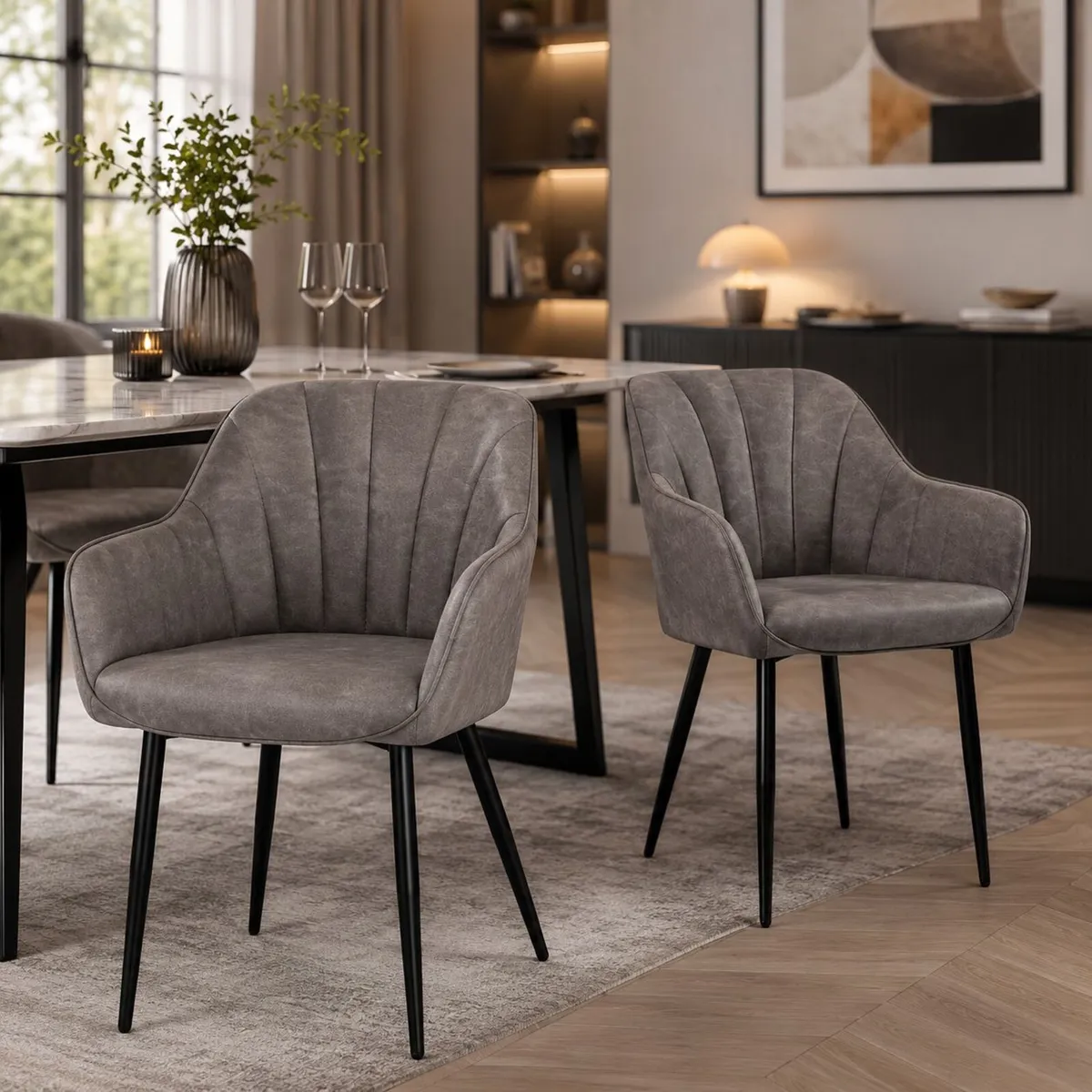 Set of 2 Grey Dining Chairs with Armrests Quilted - Image 2