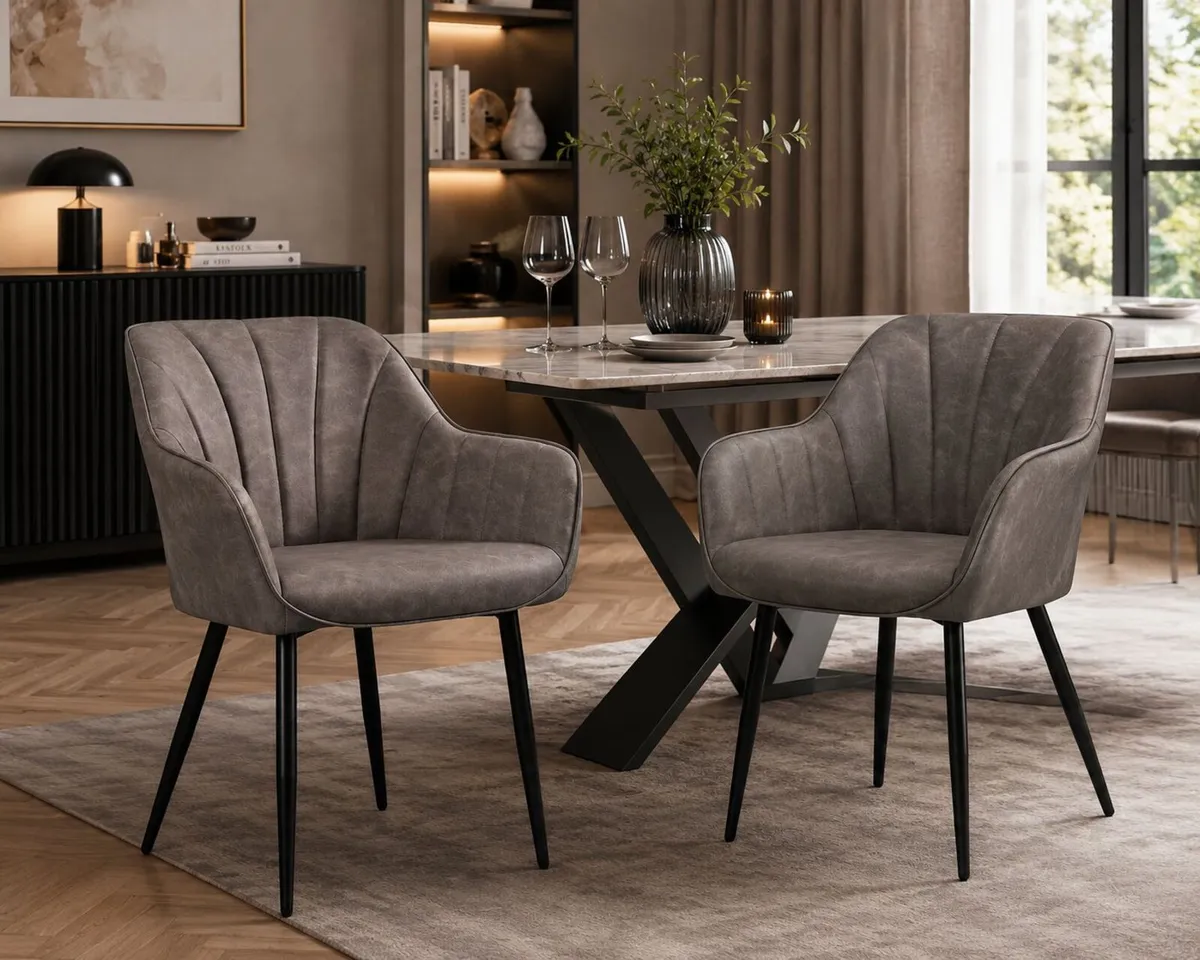 Set of 2 Grey Dining Chairs with Armrests Quilted - Image 1