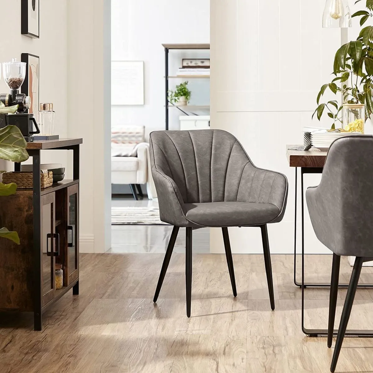 Set of 2 Grey Dining Chairs with Armrests Quilted - Image 4