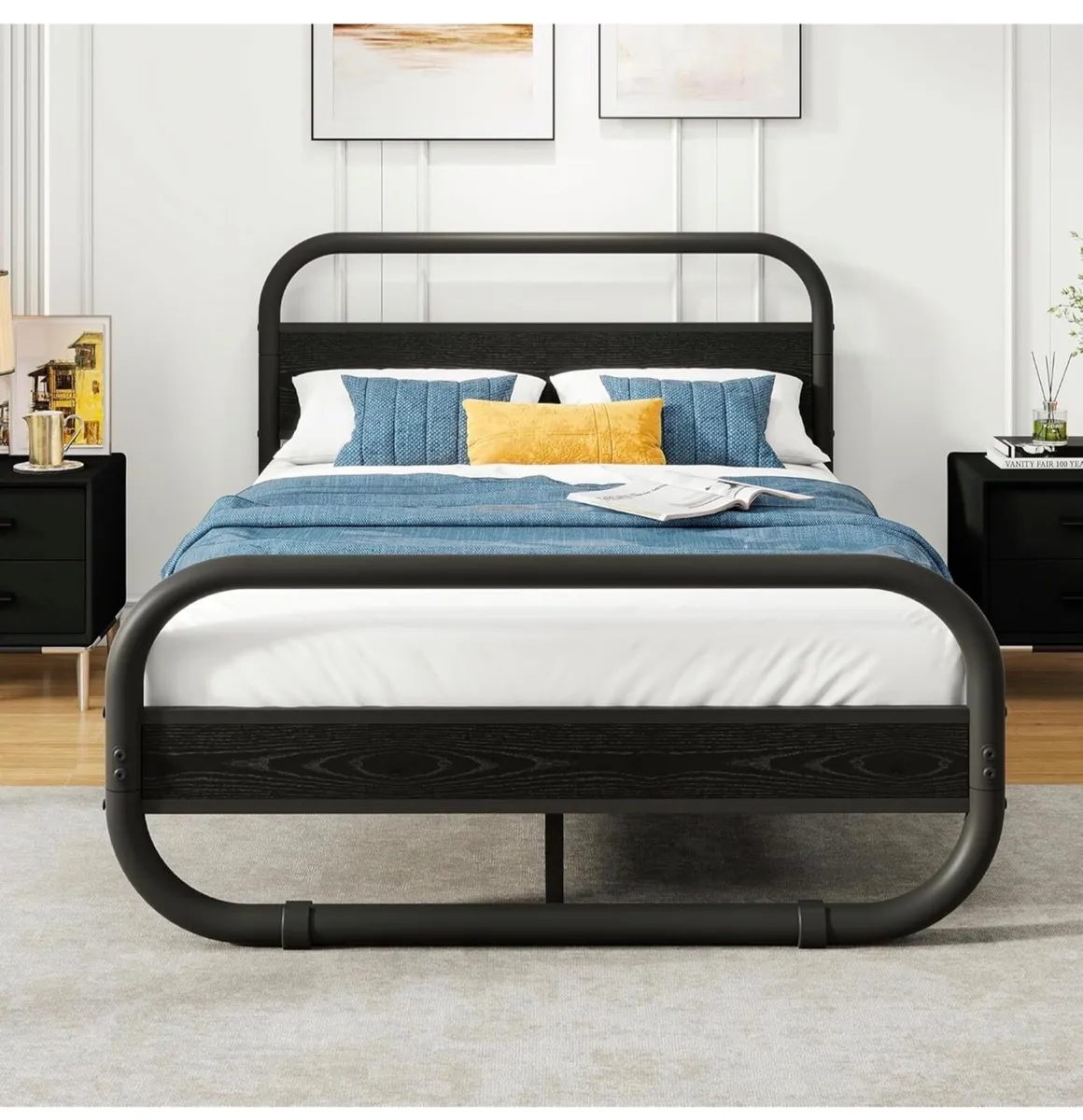 Double Bed Frame with Headboard, Metal Platform Be - Image 1