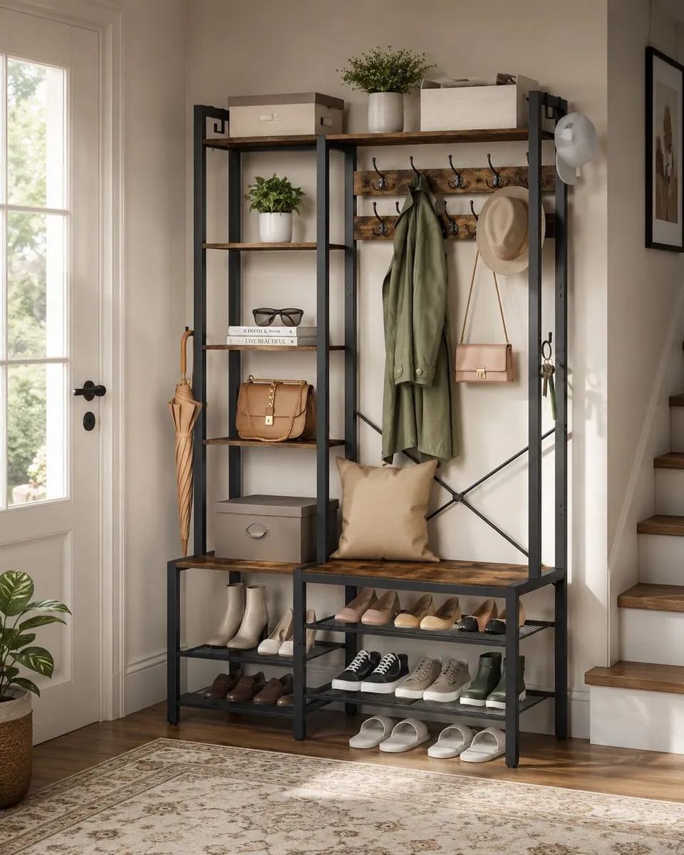 Industrial Hallway Coat Rack with Bench, Shoe Stor - Image 2