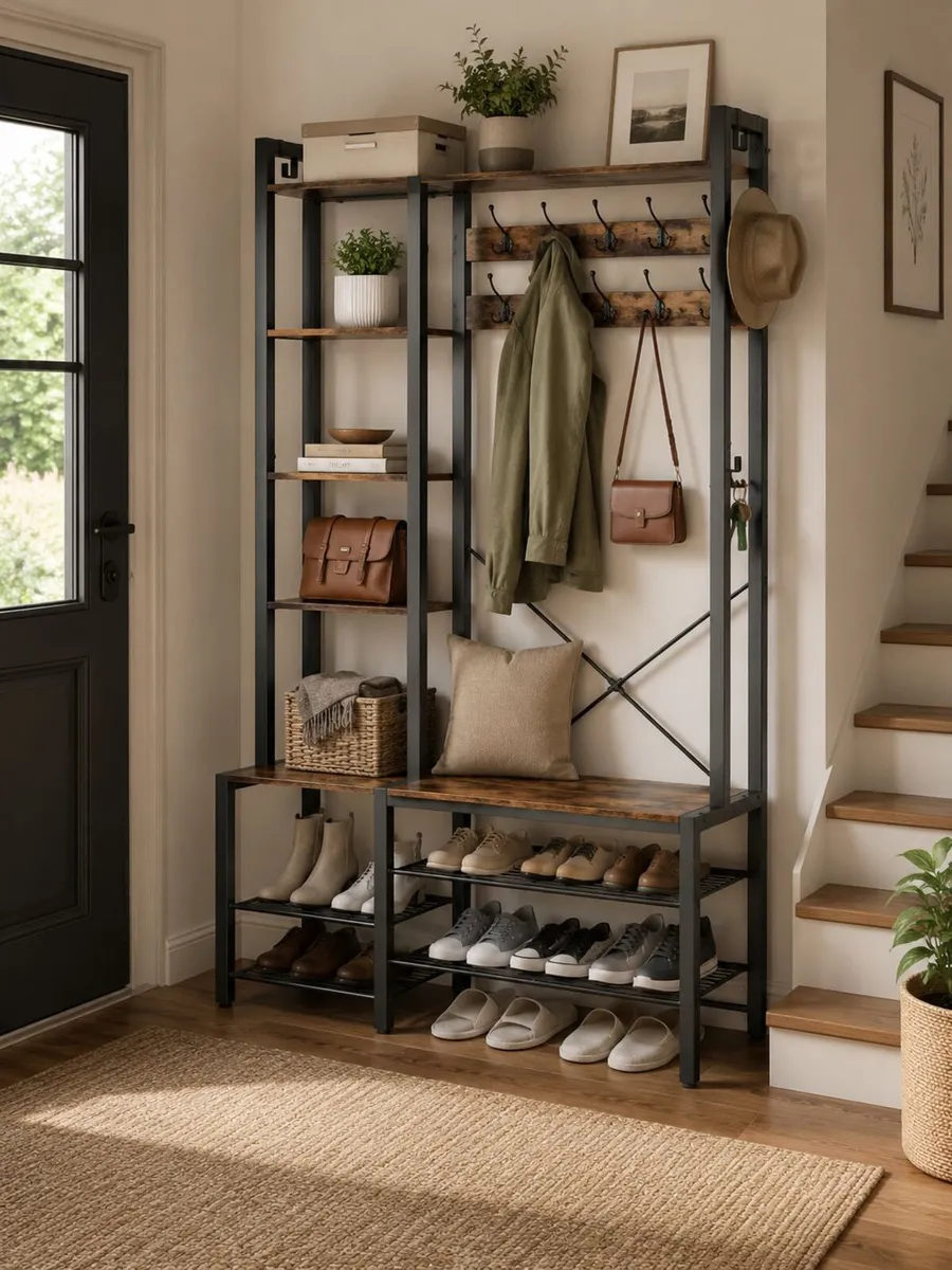 Industrial Hallway Coat Rack with Bench, Shoe Stor - Image 1