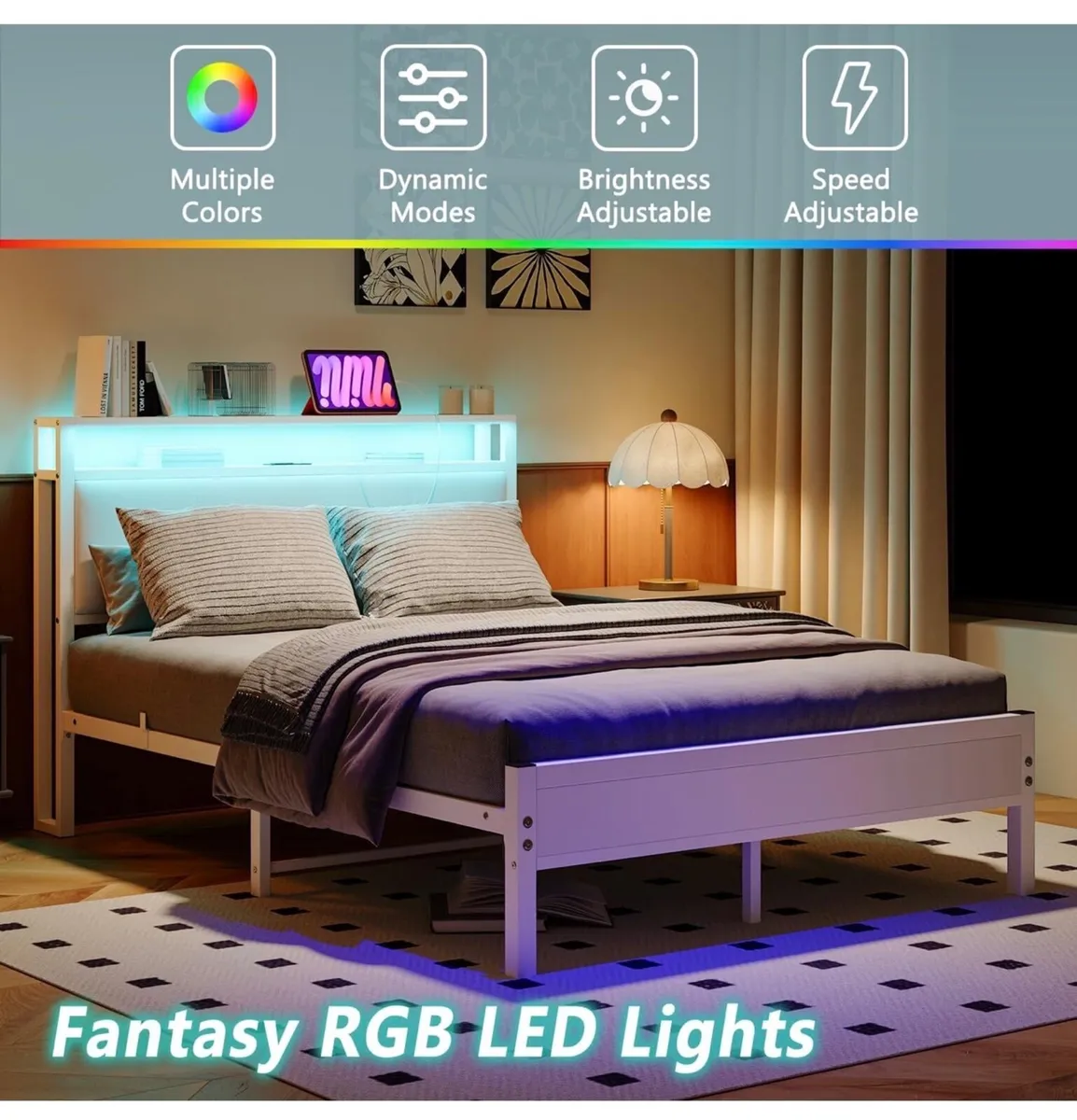 4FT6 Double Bed Frame with LED Lights and Charging - Image 1