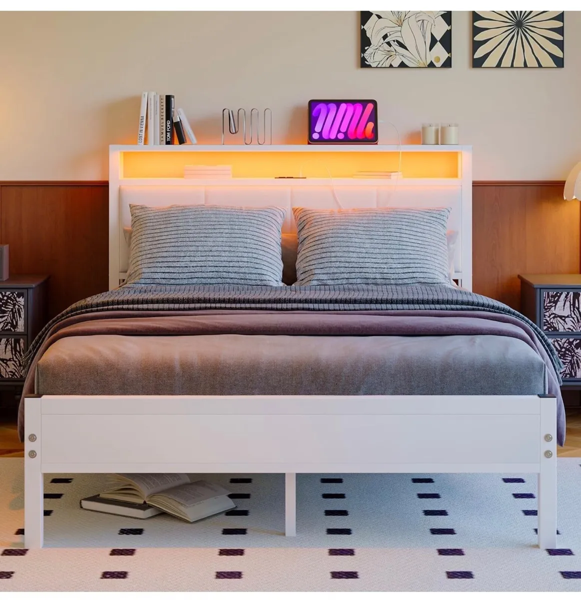 4FT6 Double Bed Frame with LED Lights and Charging - Image 2