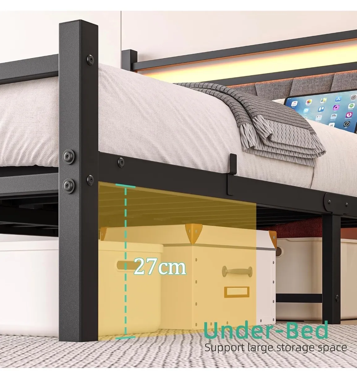 4FT6 Double Bed Frame, Metal Platform Upholstered - Image 4