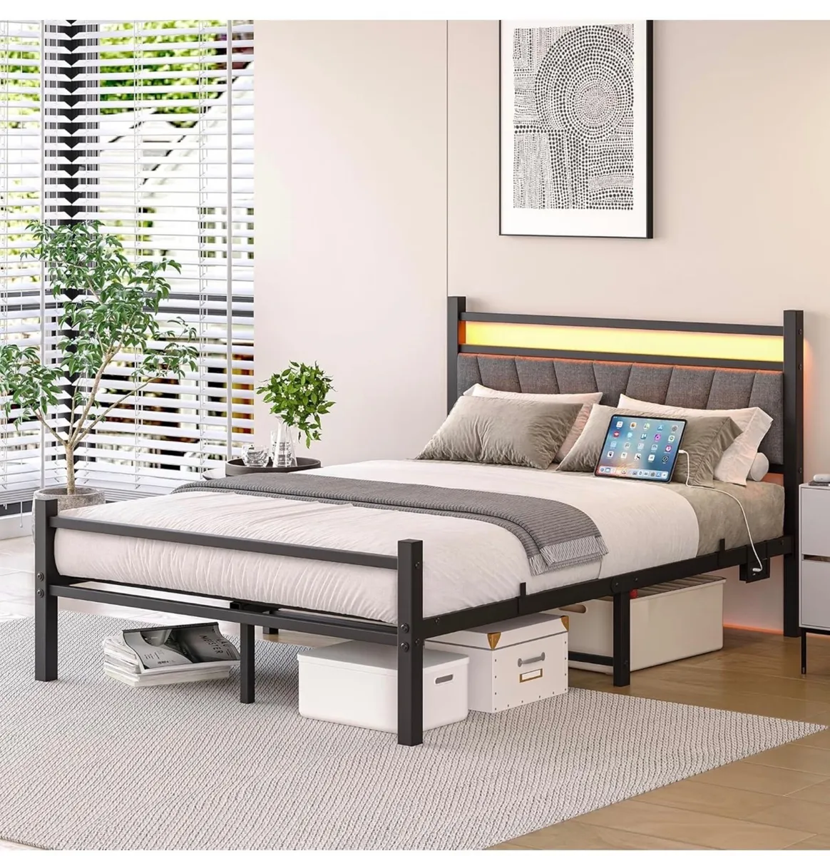 4FT6 Double Bed Frame, Metal Platform Upholstered - Image 3