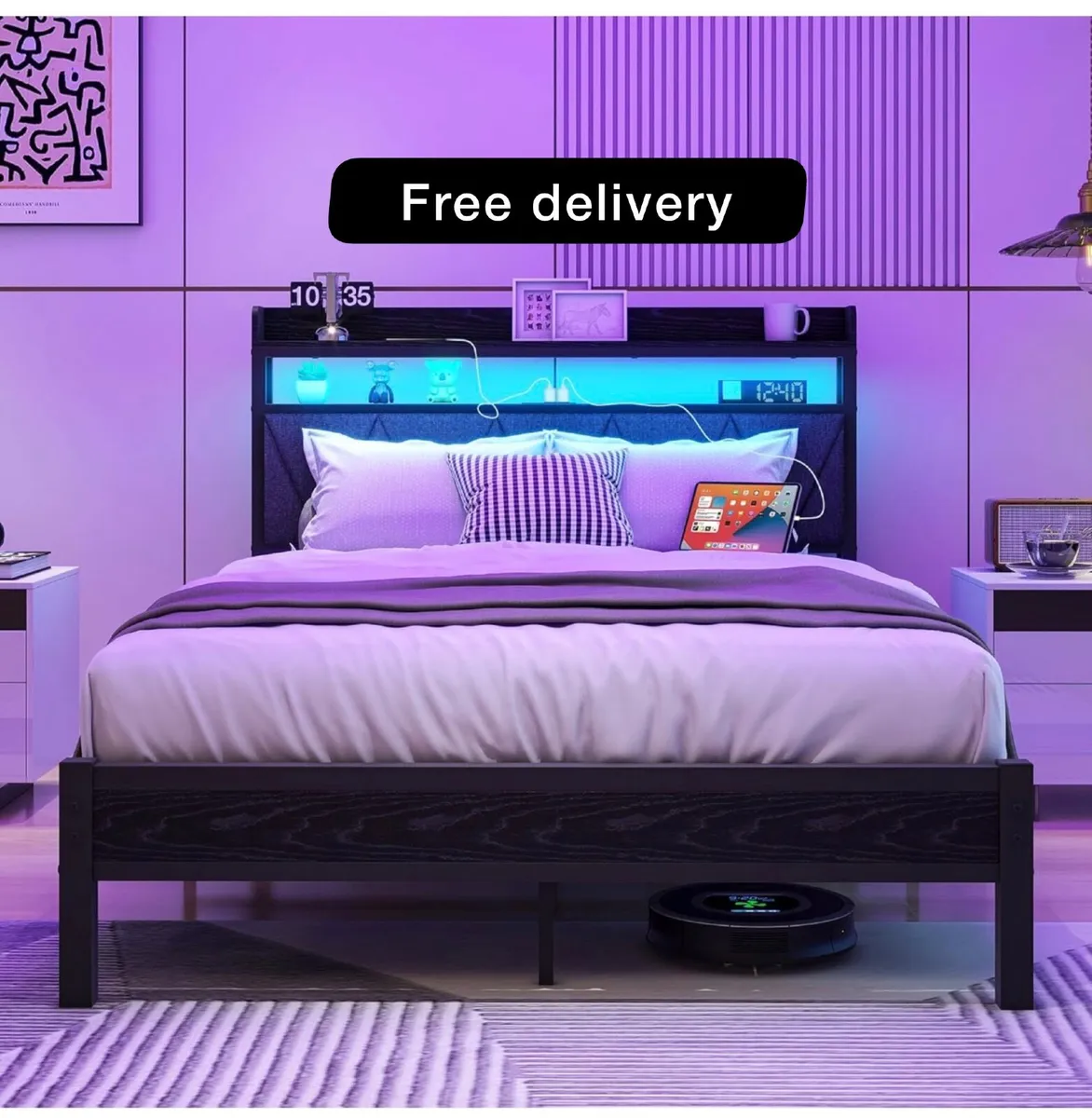 4ft6 Double Size Bed Frame with LED Lights Storage - Image 1