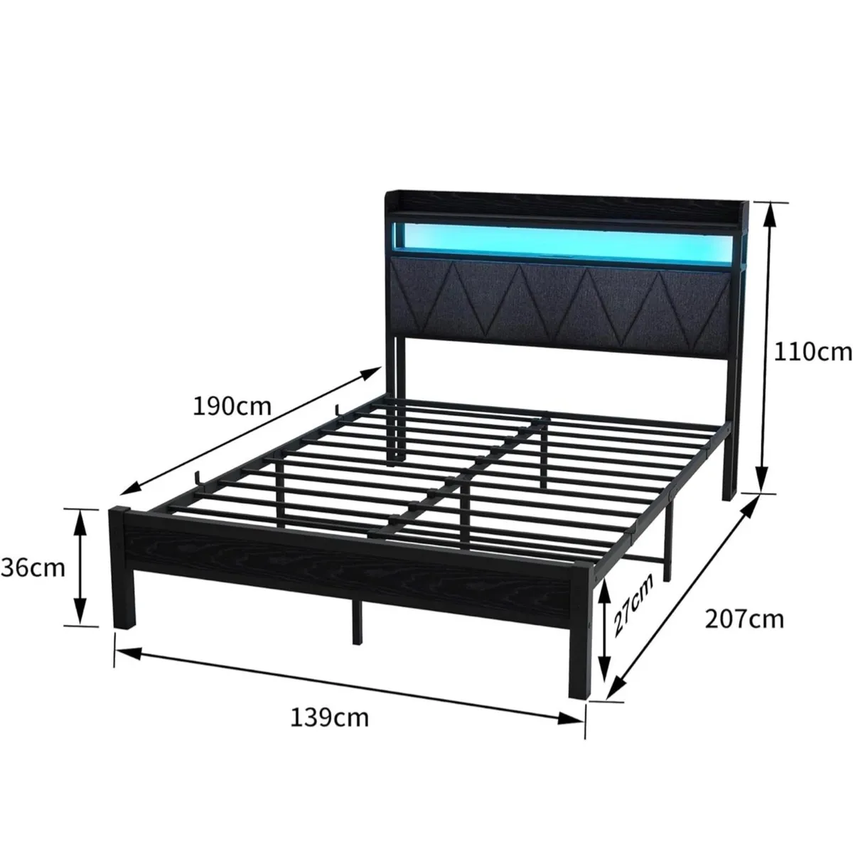 4ft6 Double Size Bed Frame with LED Lights Storage - Image 2