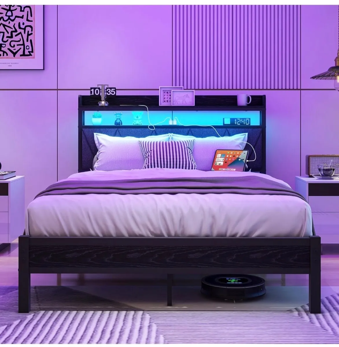 4ft6 Double Size Bed Frame with LED Lights Storage - Image 3