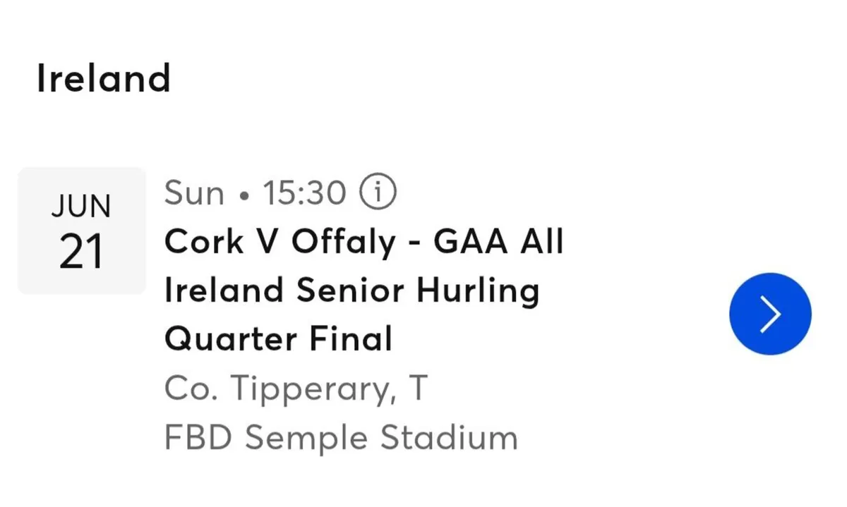 Cork V Offaly - 2 tickets - GAA Senior Hurling 1/4 - Image 1