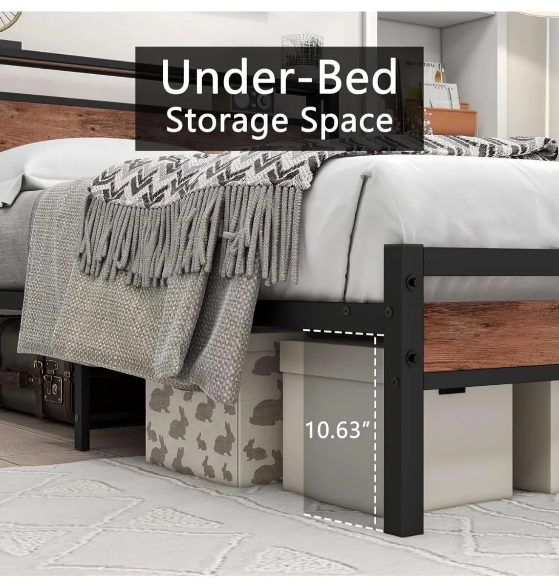 Double Bed Frame with Storage Wooden Headboard She - Image 3