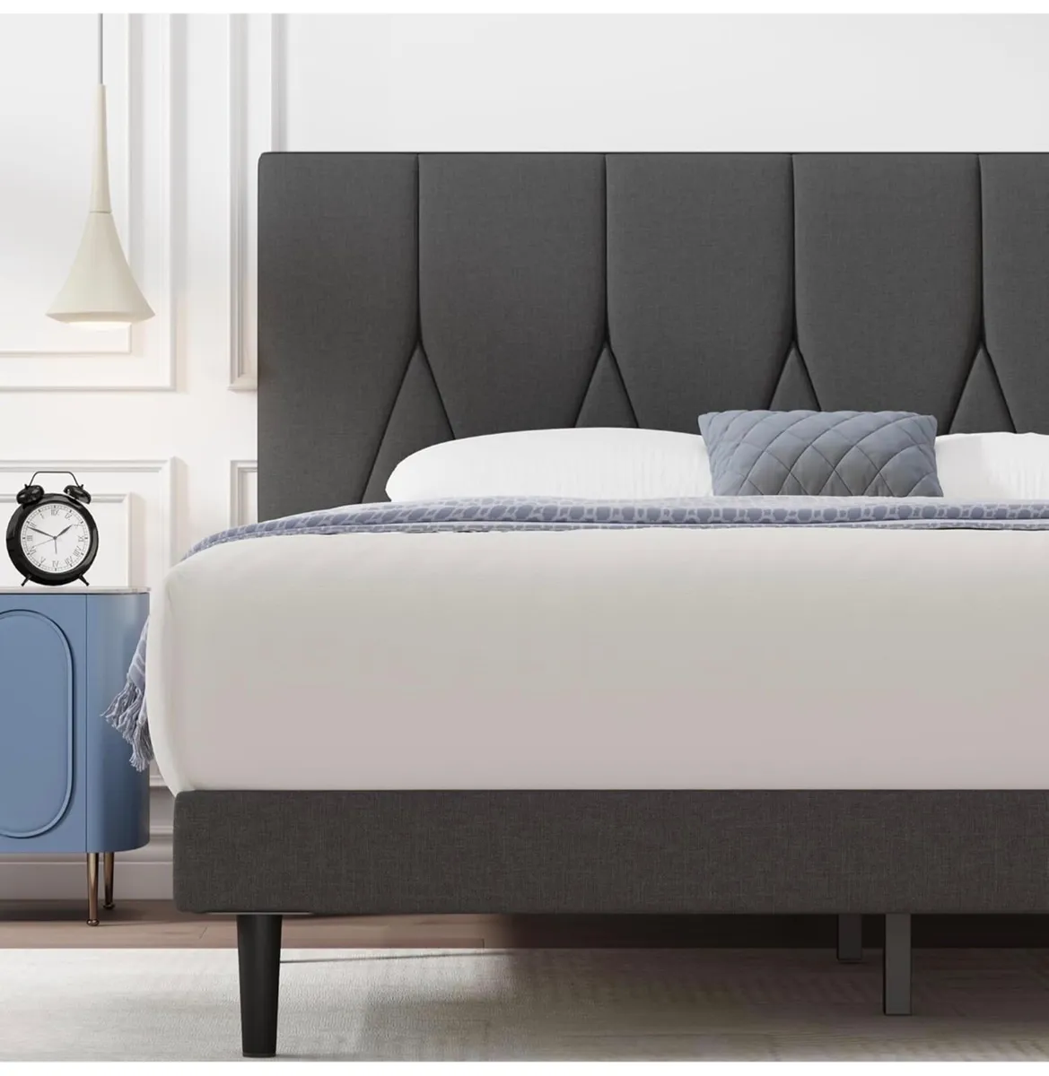 Double Bed Frame, Dark Grey, Upholstered Wooden Sl - Image 2