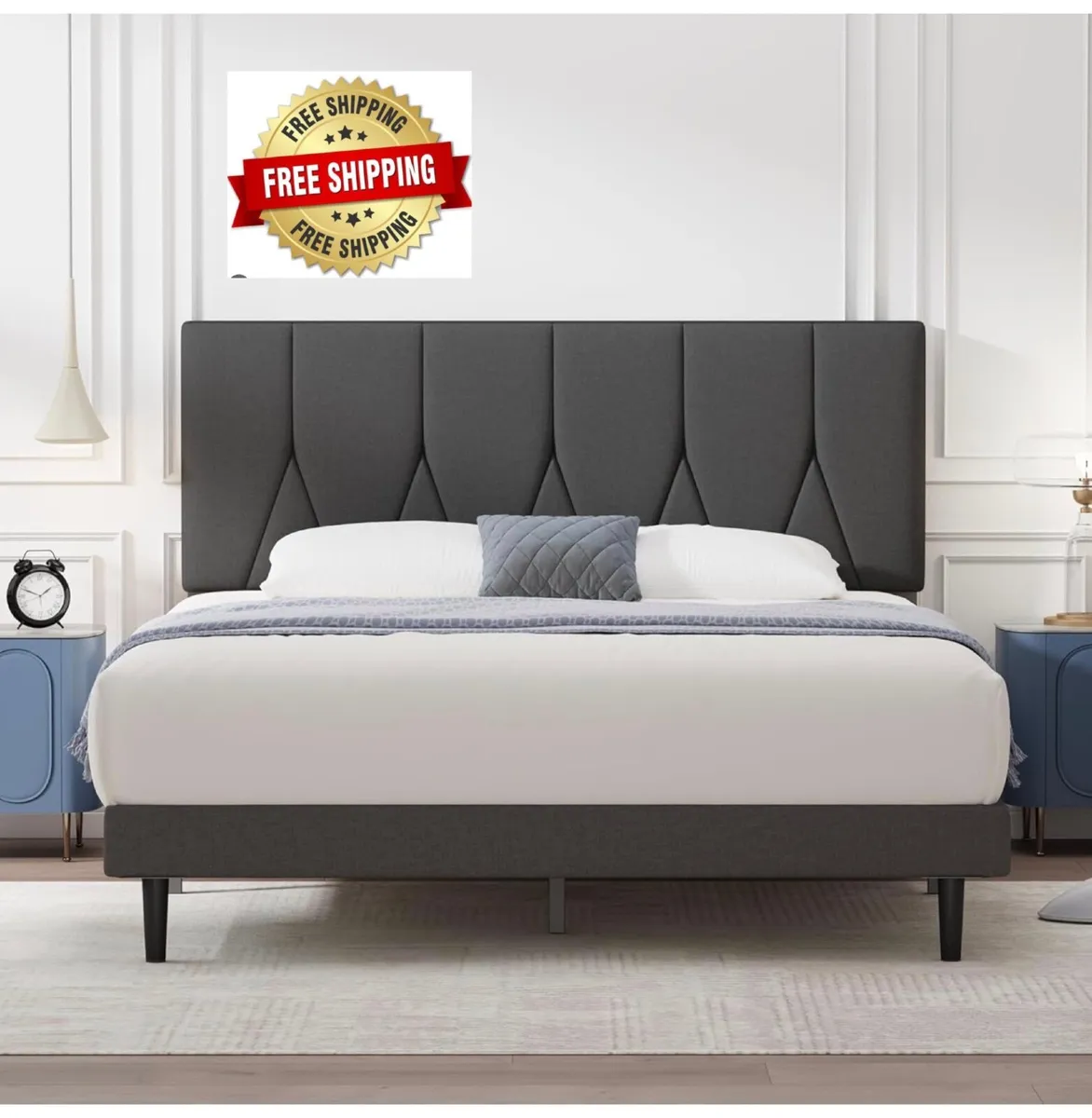 Double Bed Frame, Dark Grey, Upholstered Wooden Sl - Image 1