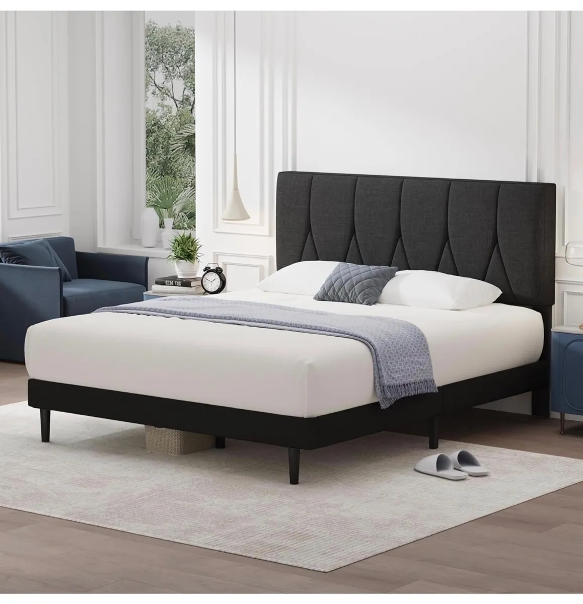 Double Bed Frame, Black, Upholstered Wooden Slat B - Image 3