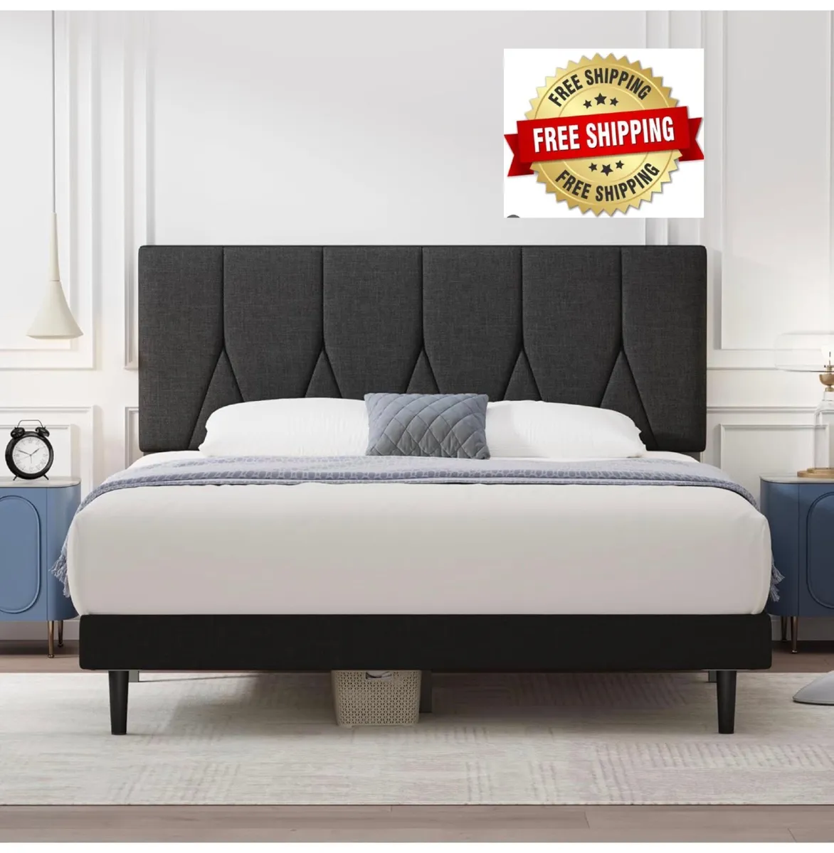 Double Bed Frame, Black, Upholstered Wooden Slat B - Image 1