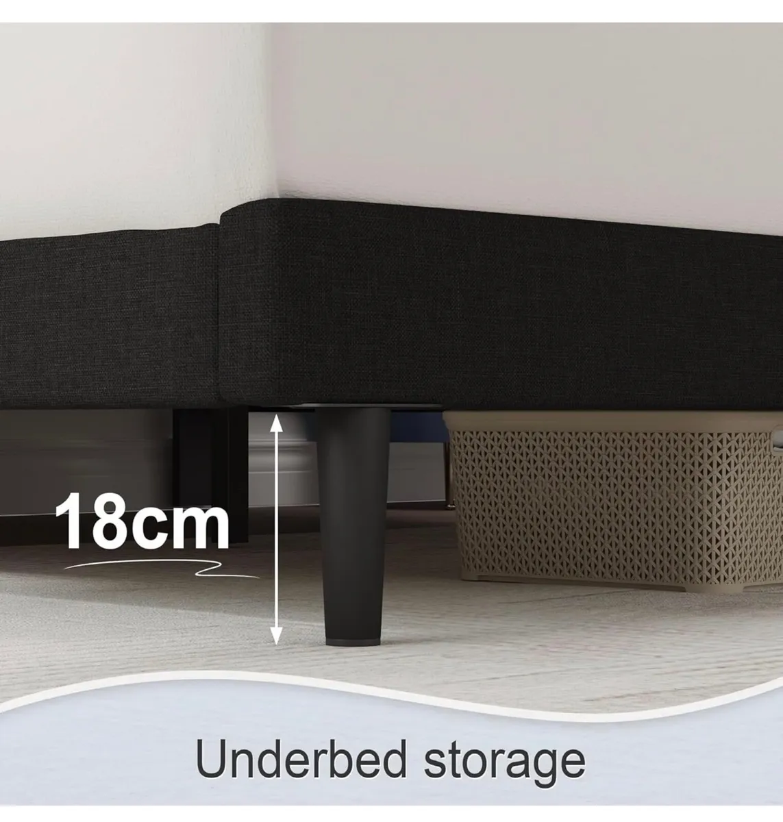 Double Bed Frame, Black, Upholstered Wooden Slat B - Image 4