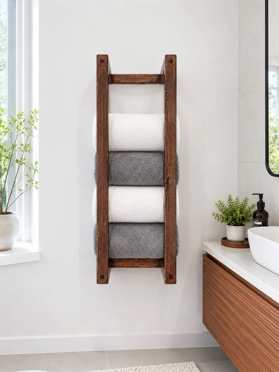 Handmade Wood Towel Rack - Dark Walnut Finish - Image 4