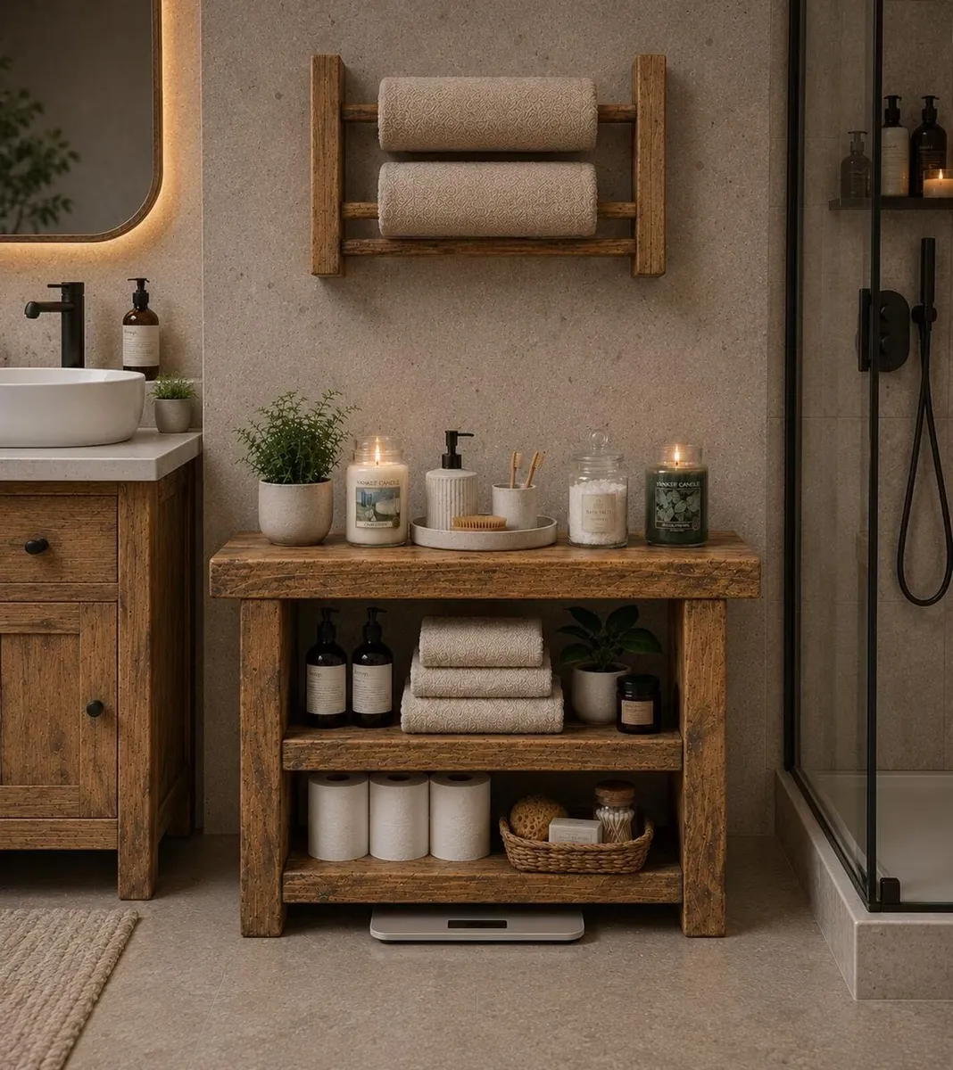 Rustic Wood Bathroom Storage Unit Brand New - Image 1