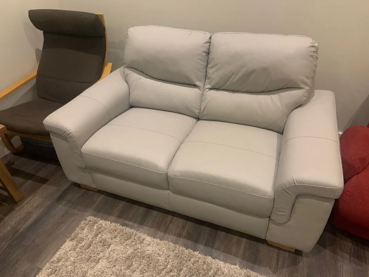 Two seater grey leather couch & ikea chair - Image 1