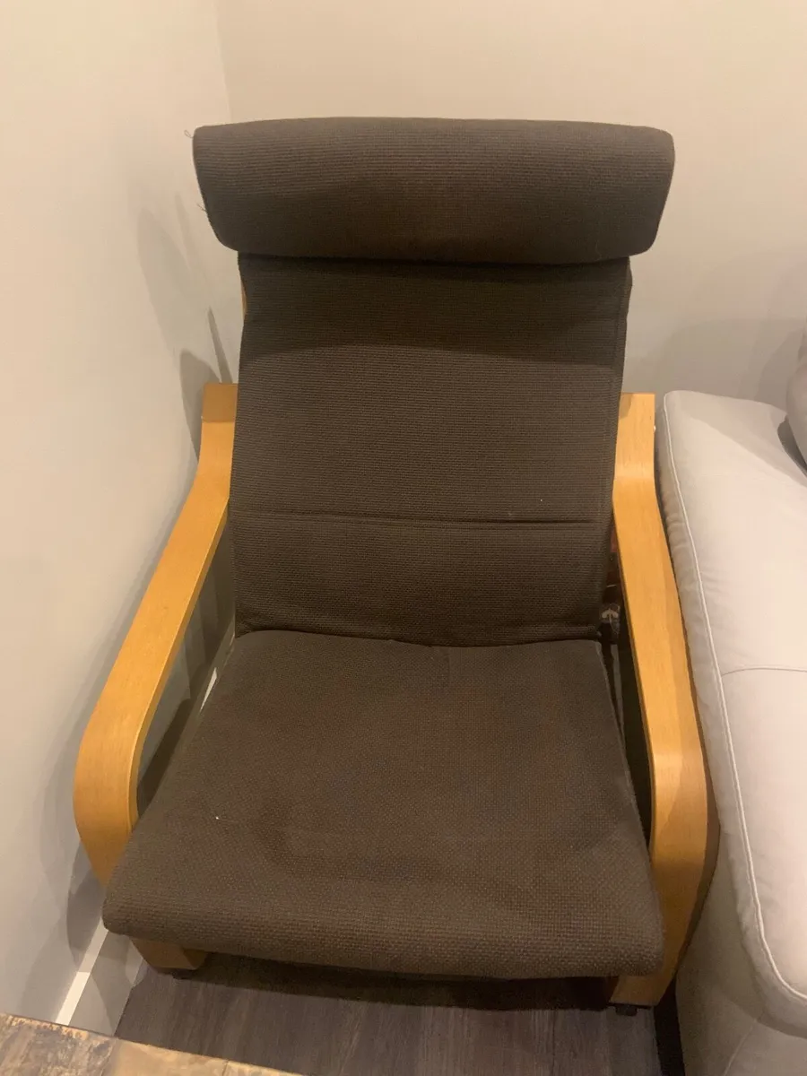 Two seater grey leather couch & ikea chair - Image 2