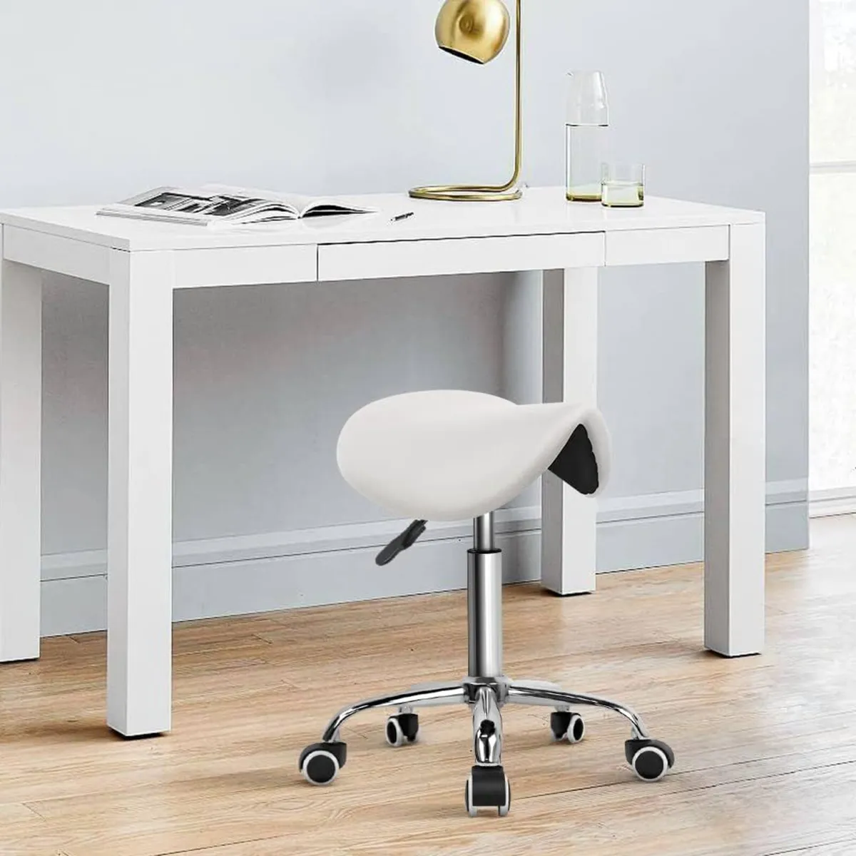 Saddle Stool PU Leather Swivel Chair with Wheels - Image 4